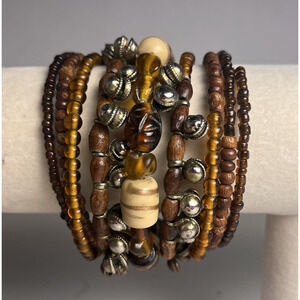 Boho Memory Wire Wrap Bracelet Wooden Metal Beads Spiral Multi Strand Bracelet